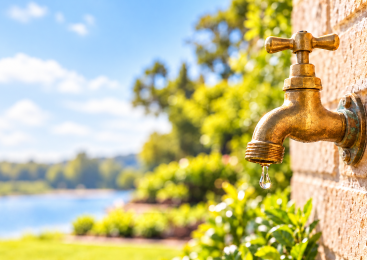 Outdoor brass garden tap with a water droplet in summer sunshine