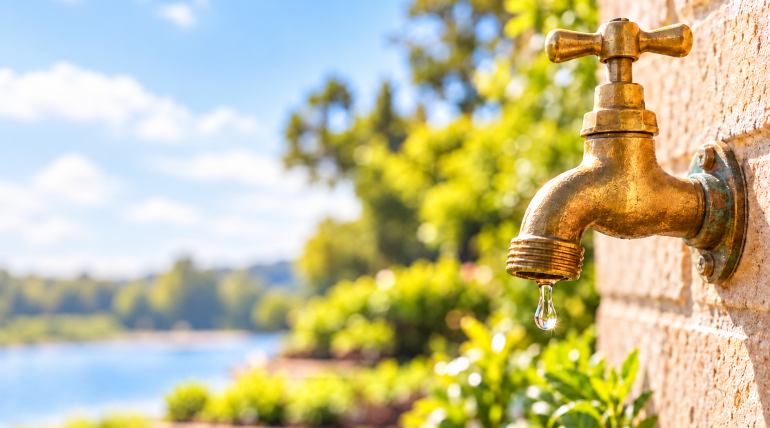Outdoor brass garden tap with a water droplet in summer sunshine